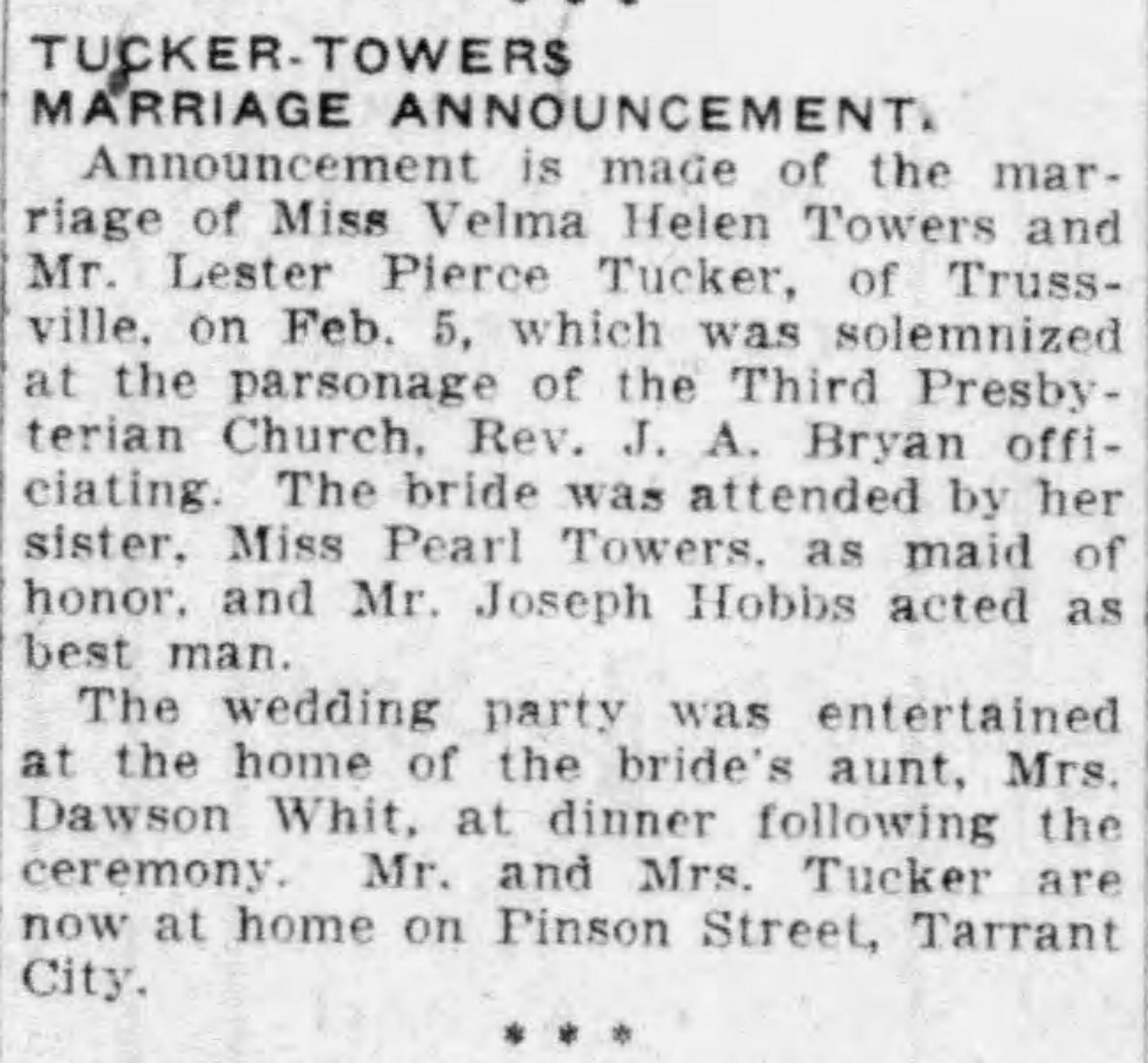 Velma Helen Towers-Lester Pierce Tucker